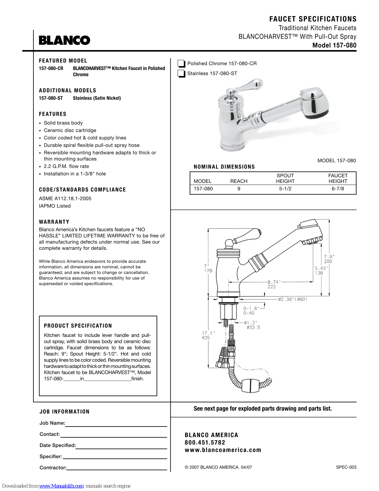 Blanco 157-080-CR, 157-080-ST Specification - ManualMachine.com