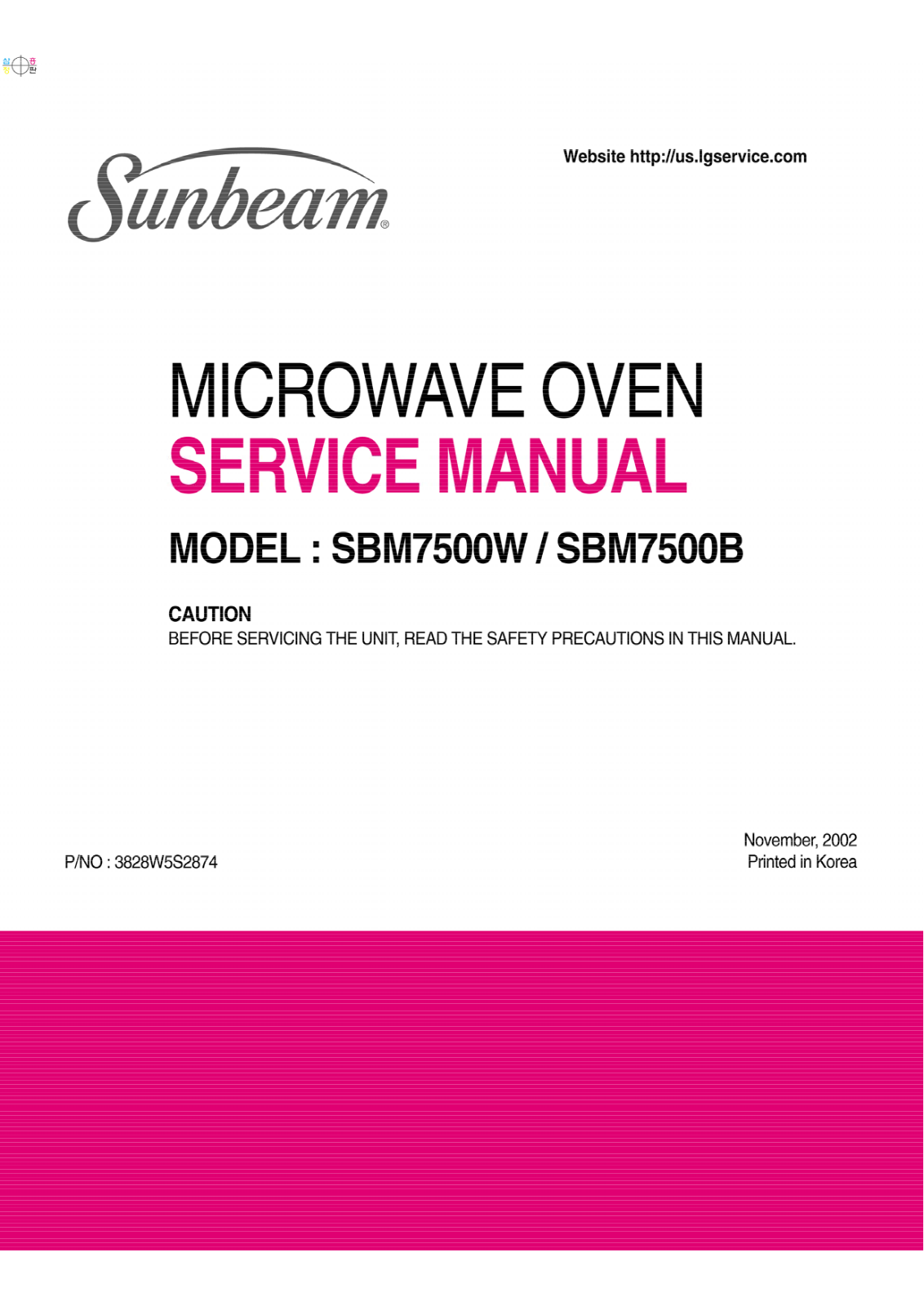 Sunbeam Sbm7500b01, Sbm7500b, Sbm7500w01, Sbm7500w Service Manual