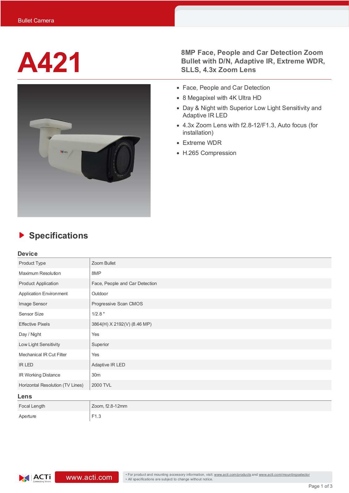 ACTi A421 Specsheet