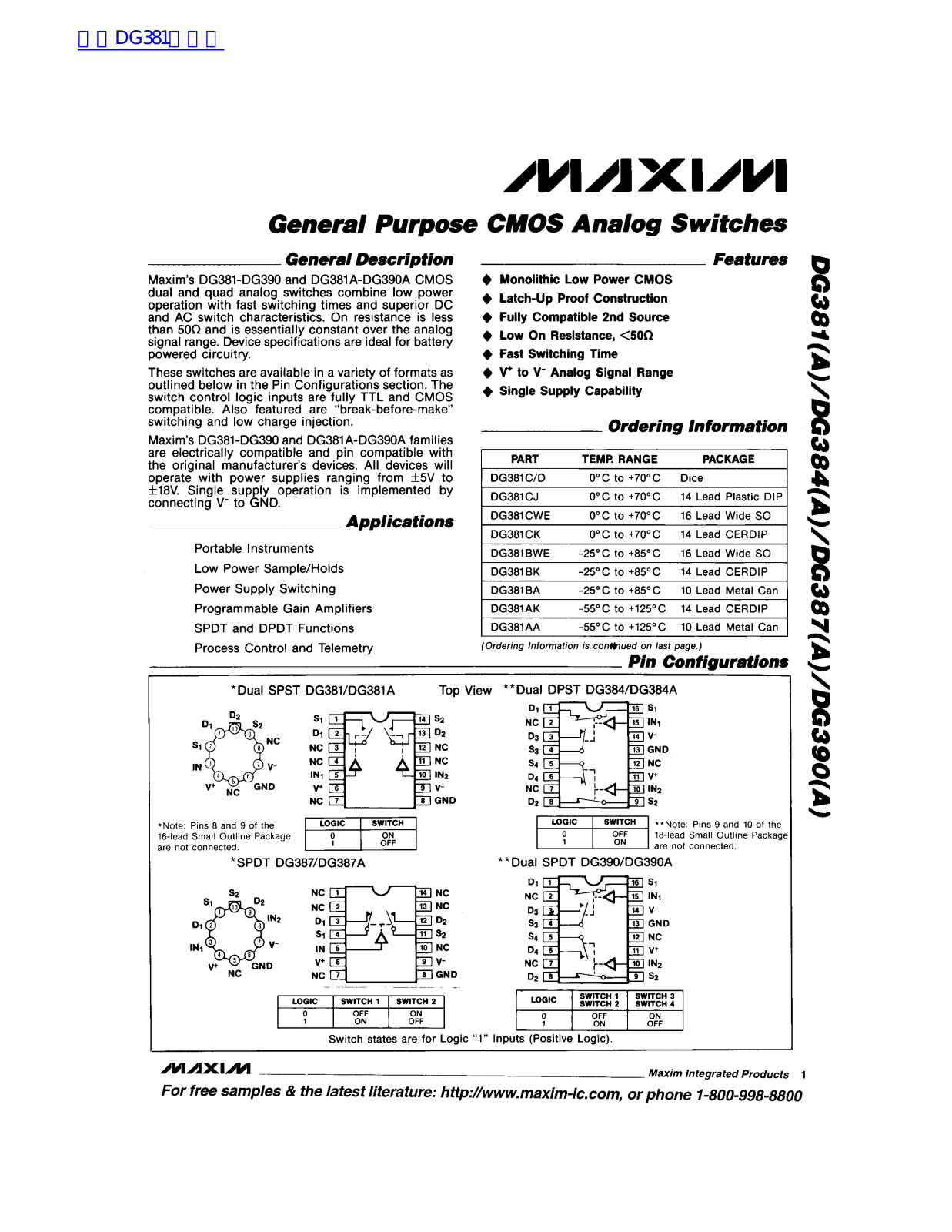 MAXIM DG381A, DG384A, DG387A, DG390A Technical data