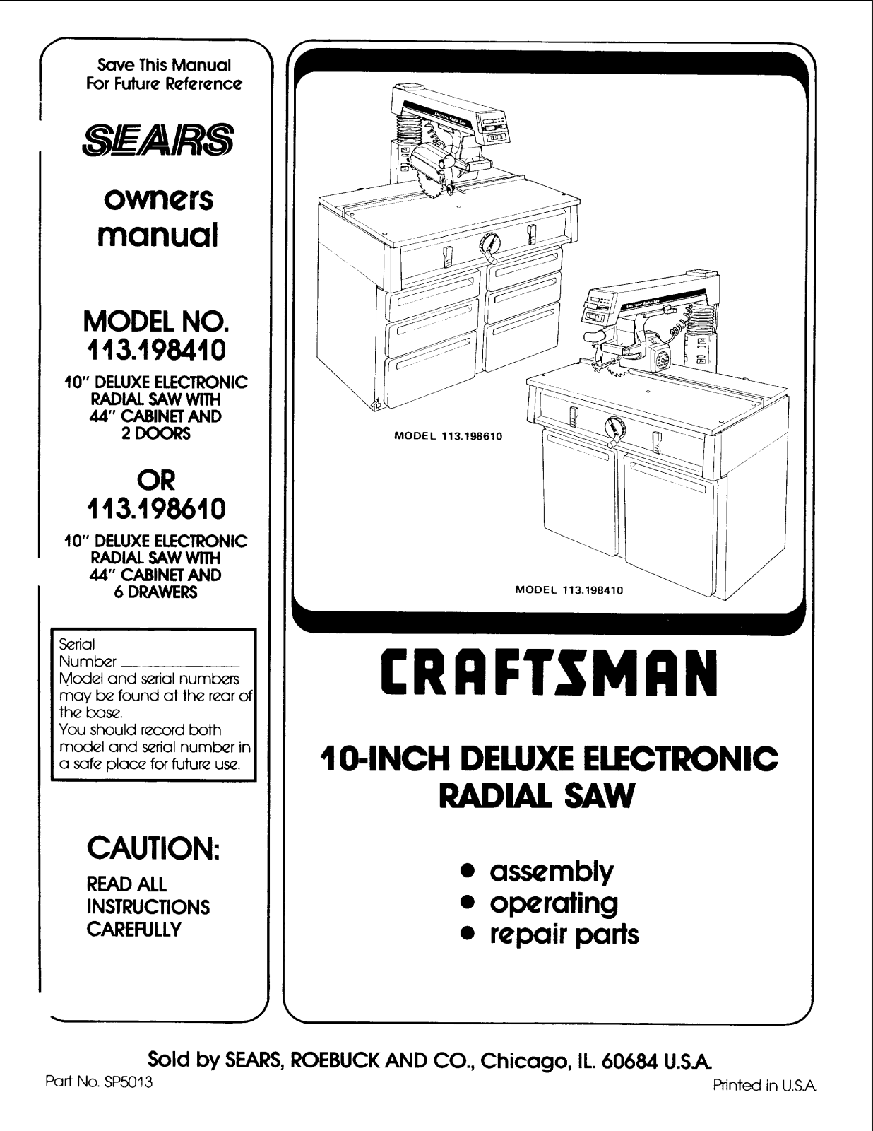 Craftsman 113198610, 113198410 Owner’s Manual