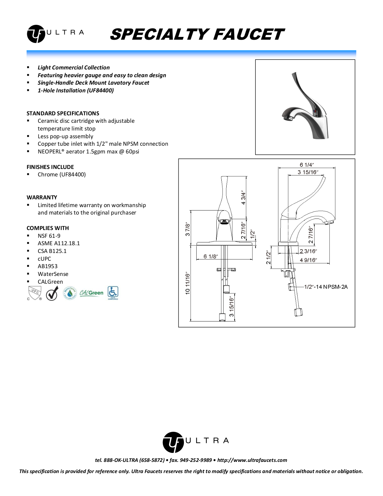Ultra Faucets LTR10151 Specifications - ManualMachine.com