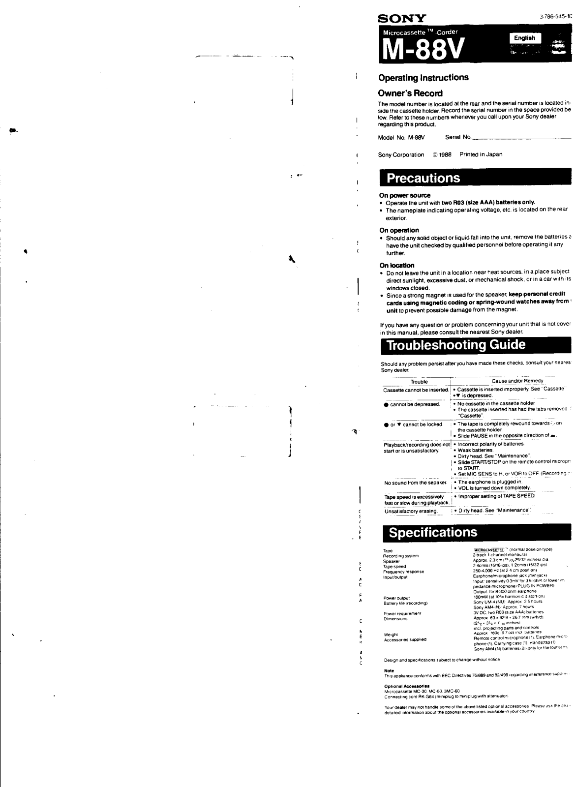 Sony M88V User Manual