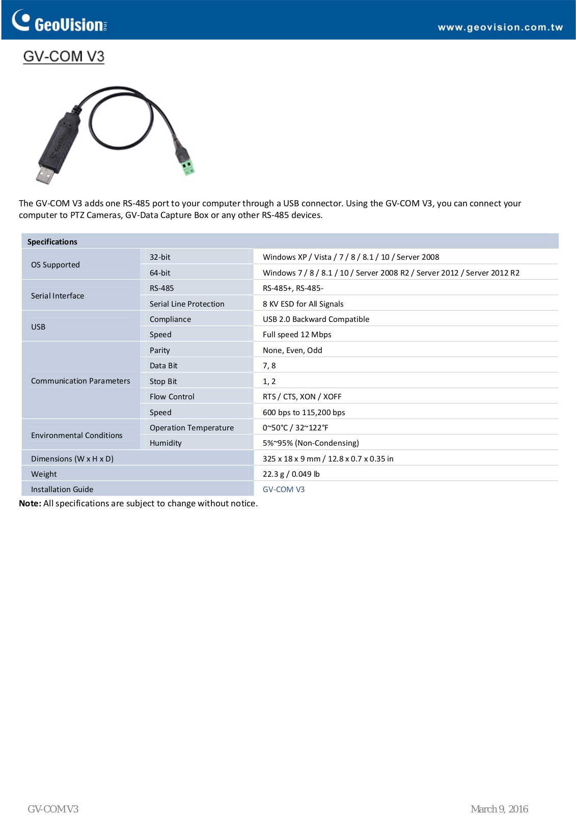 Geovision GV-Com Specsheet