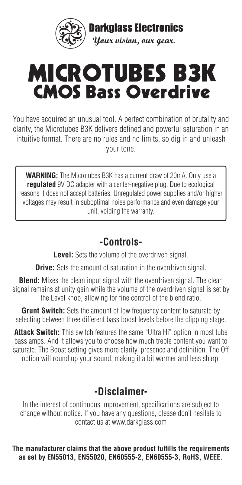 Darkglass Microtubes B3K Owner`s Manual