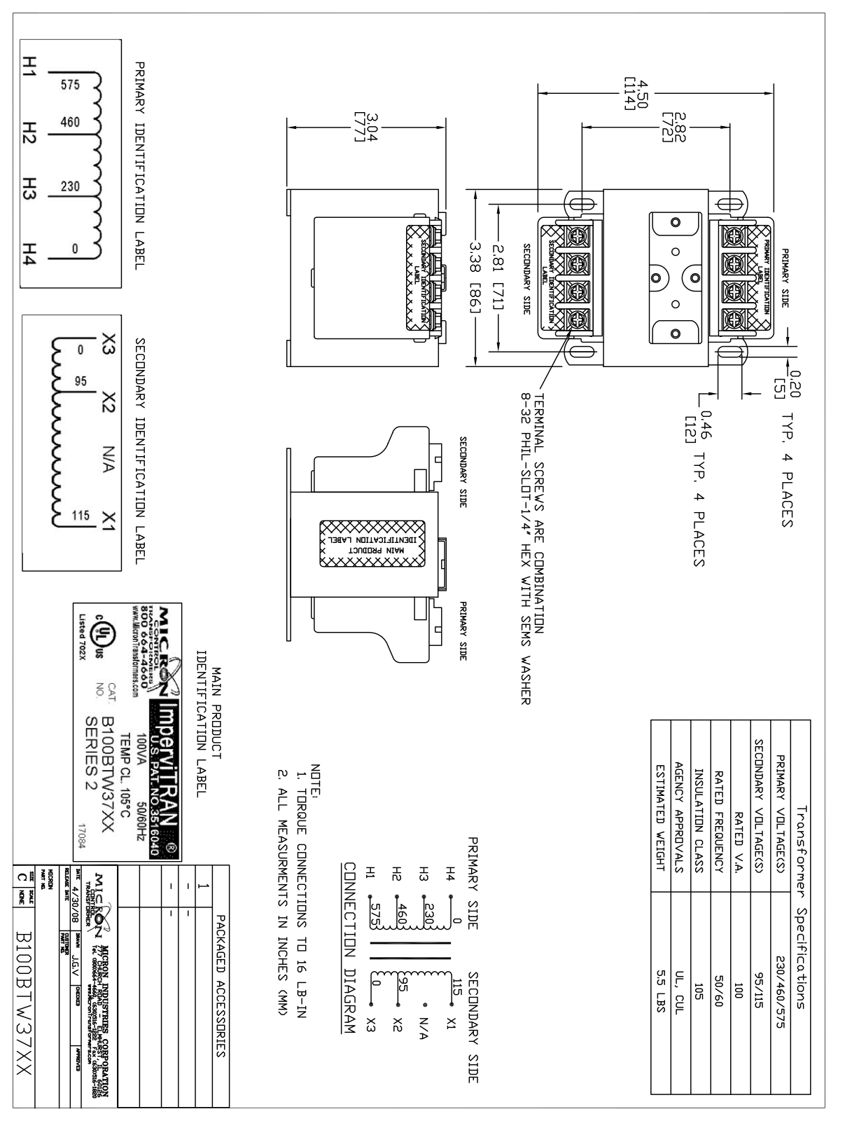 Micron Industries B100BTW37XX Specification Sheet - ManualMachine.com