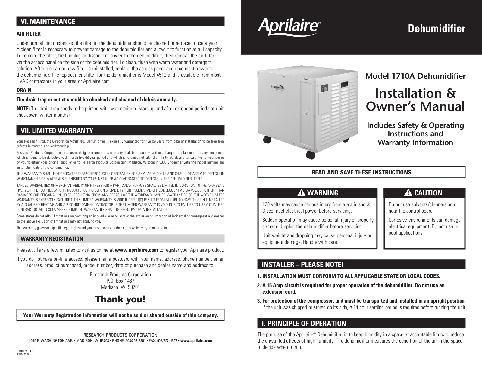 Aprilaire 1710A User Manual