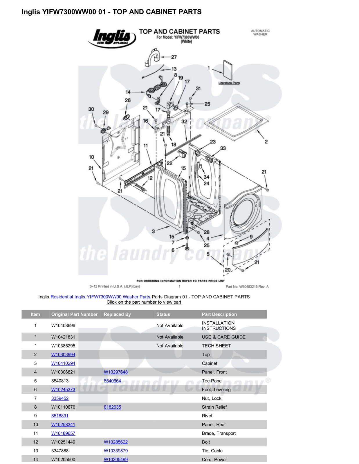 Inglis YIFW7300WW00 Parts Diagram