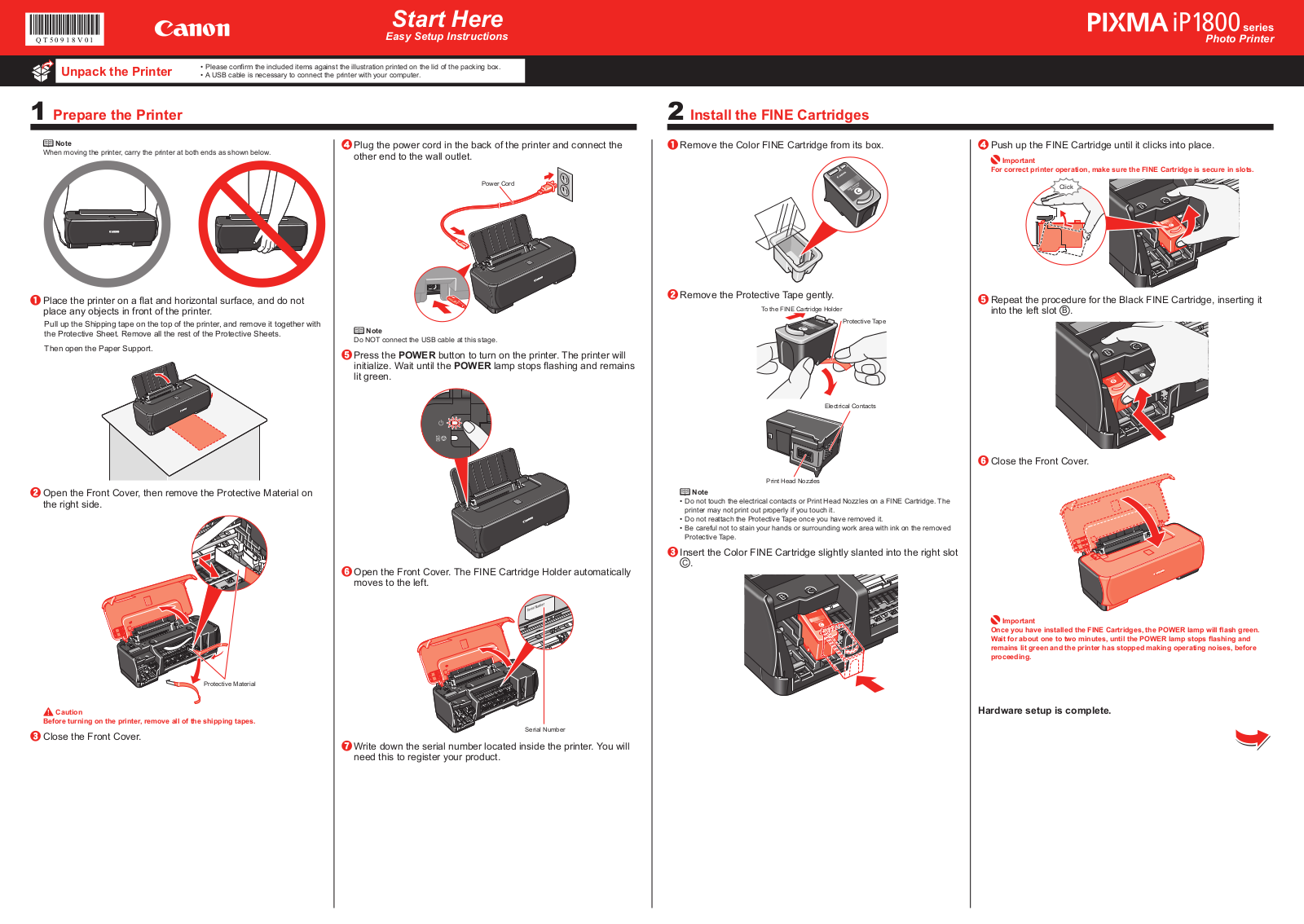 Canon PIXMA iP1800 Series Easy Setup Instructions