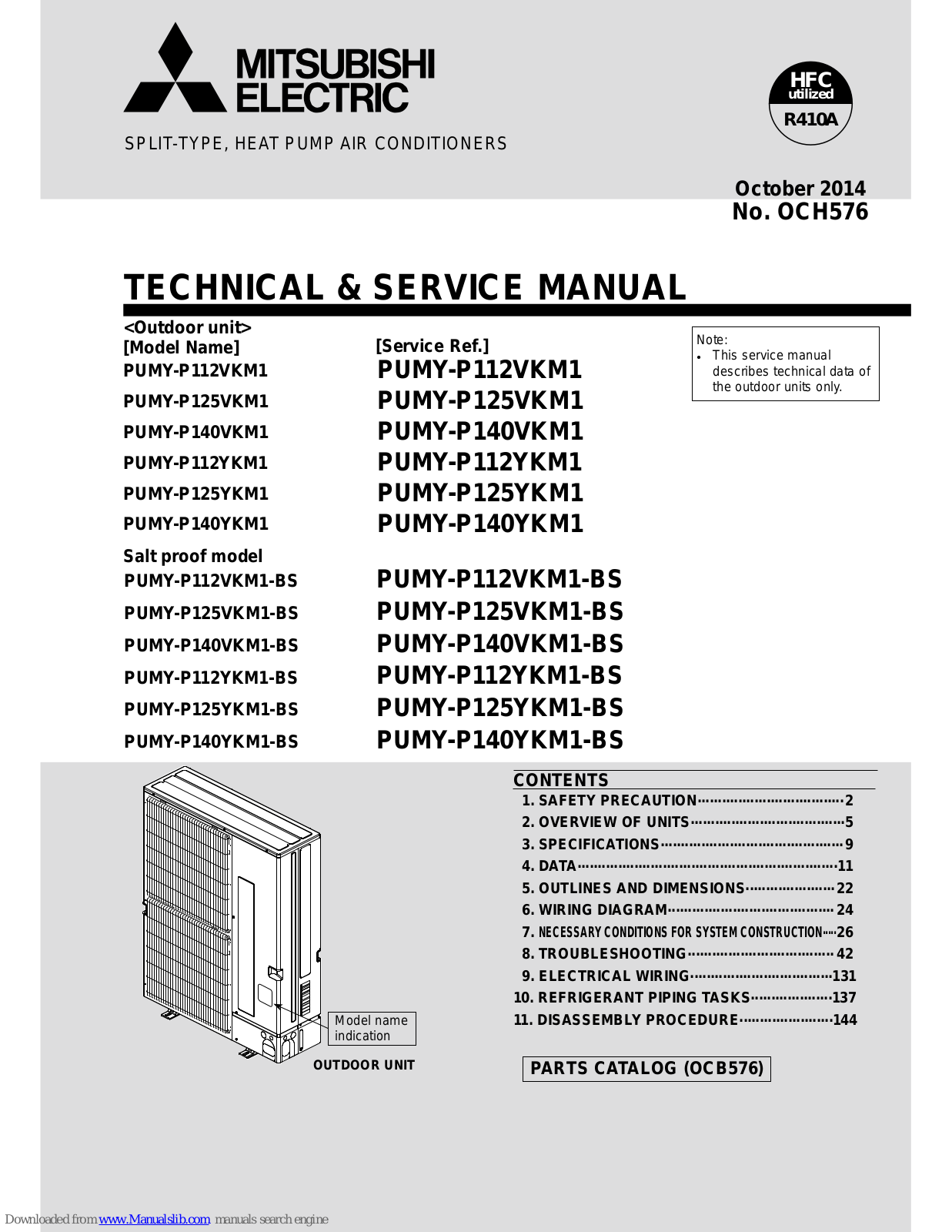 Mitsubishi PUMY-P112YKV1, PUMY-P140VKM1, PUMY-P1YKM1, PUMY-P125VKM1, PUMY-P112VKM1-BS Service Manual