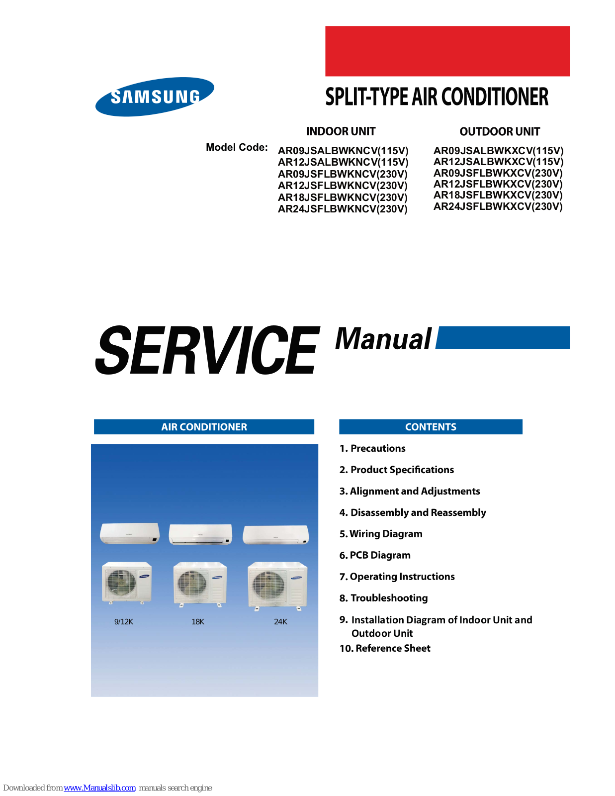 Samsung AR09JSALBWKNCV, AR18JSFLBWKNCV, AR09JSFLBWKNCV, AR12JSFLBWKNCV, AR24JSFLBWKNCV Service Manual