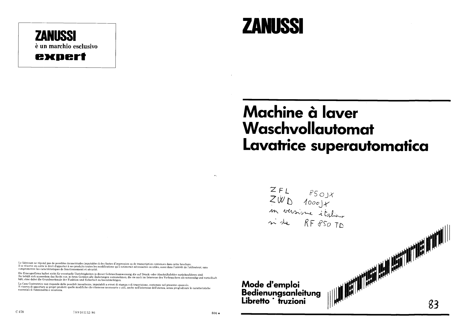 Zanussi ZWD1000JX Instruction Manual