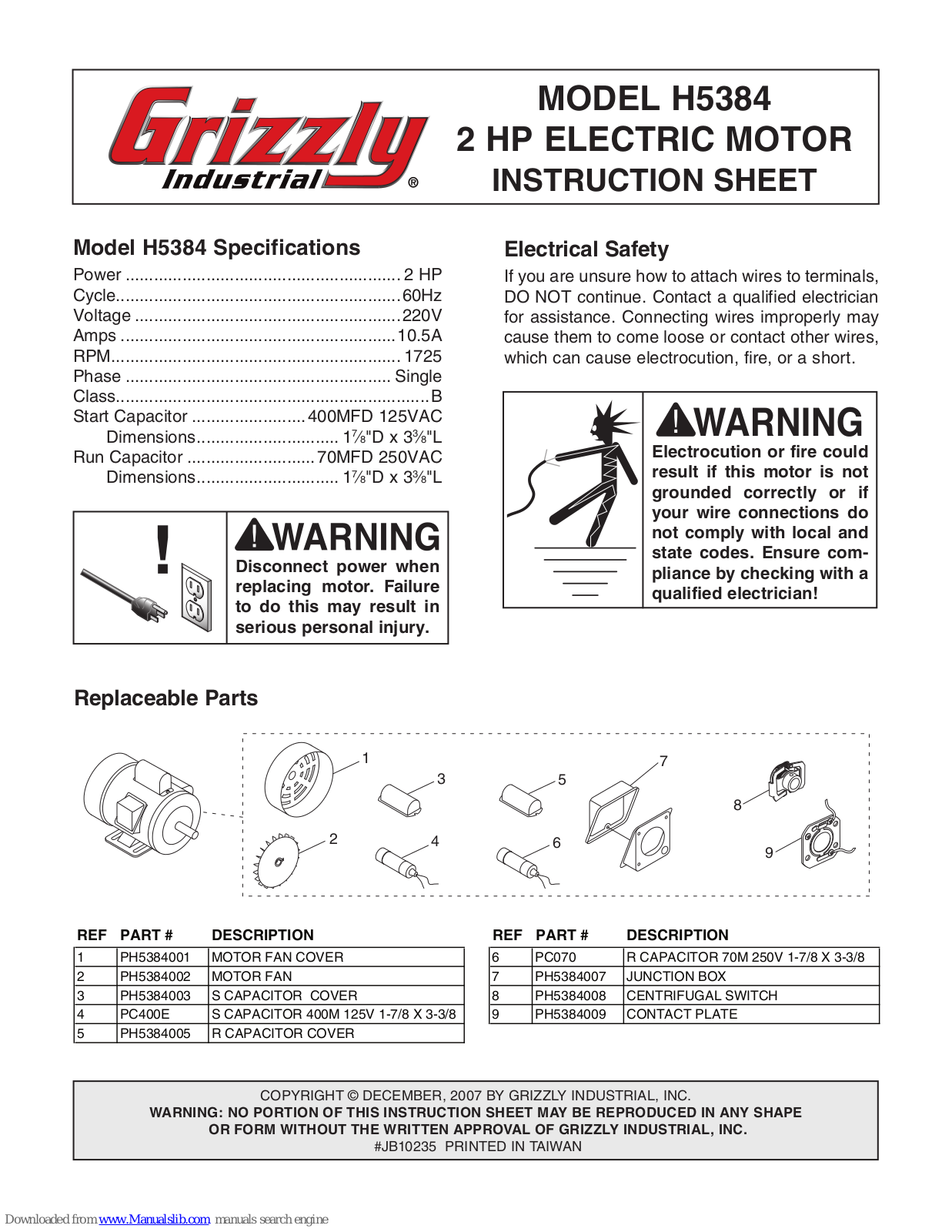 Grizzly H5384 Instruction Sheet