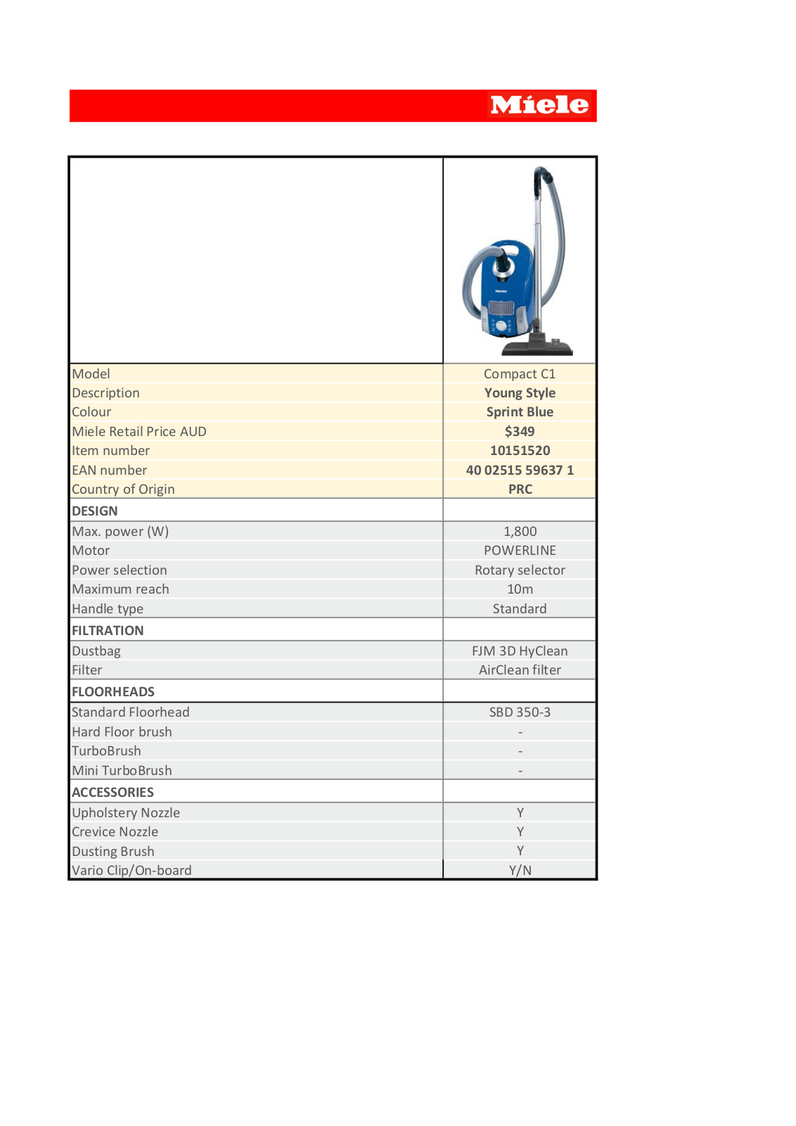 Miele 10151520 Specifications Sheet