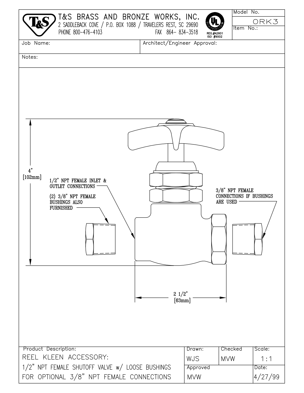 T & S Brass & Bronze Works 0RK3 General Manual