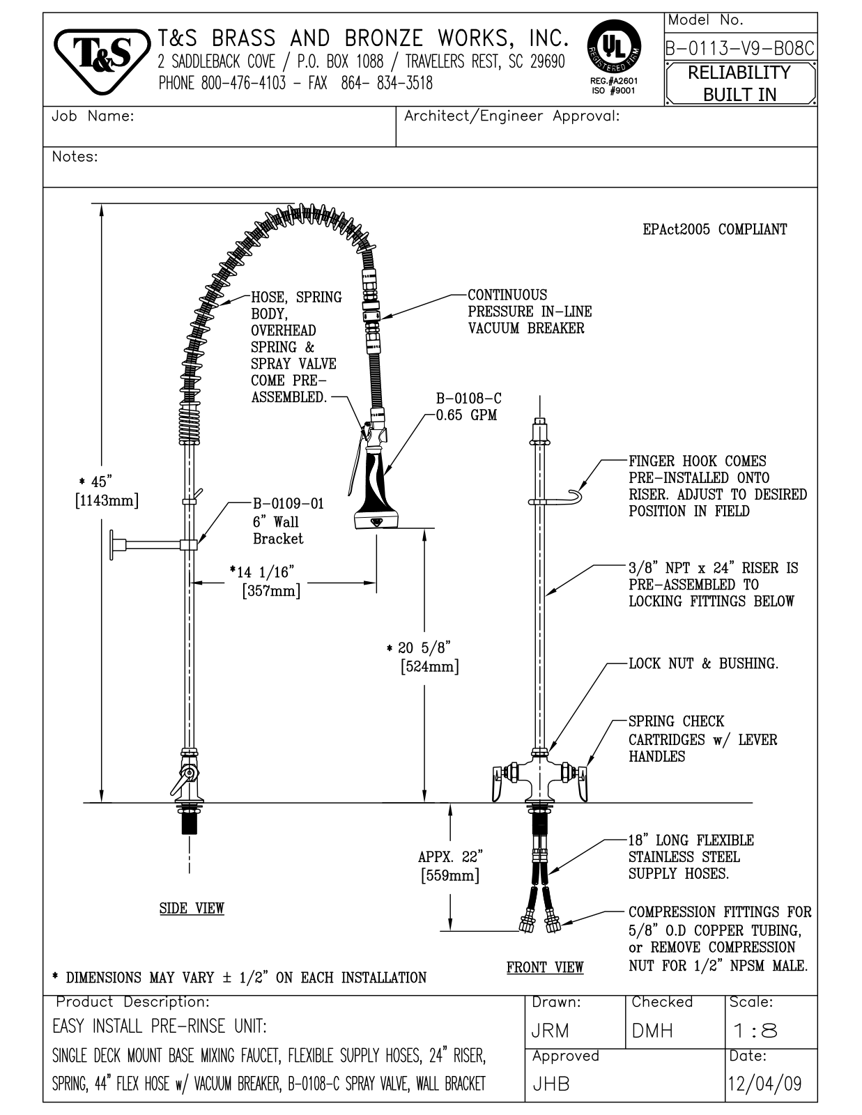 T&S Brass B-0113-V9-B08C User Manual