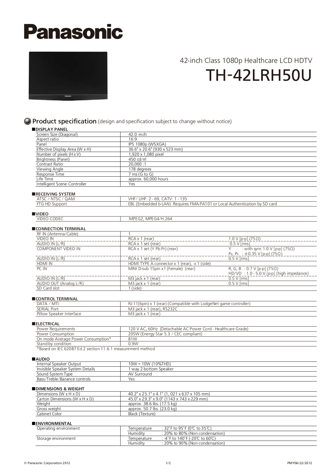 Panasonic TH-42LRH50U Specification - ManualMachine.com