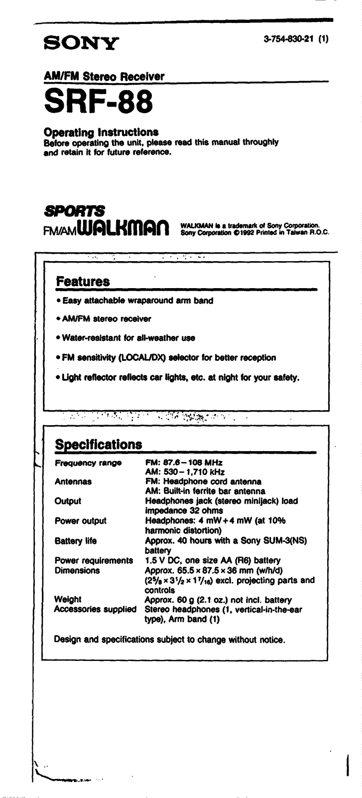 Sony SRF-88 User Manual