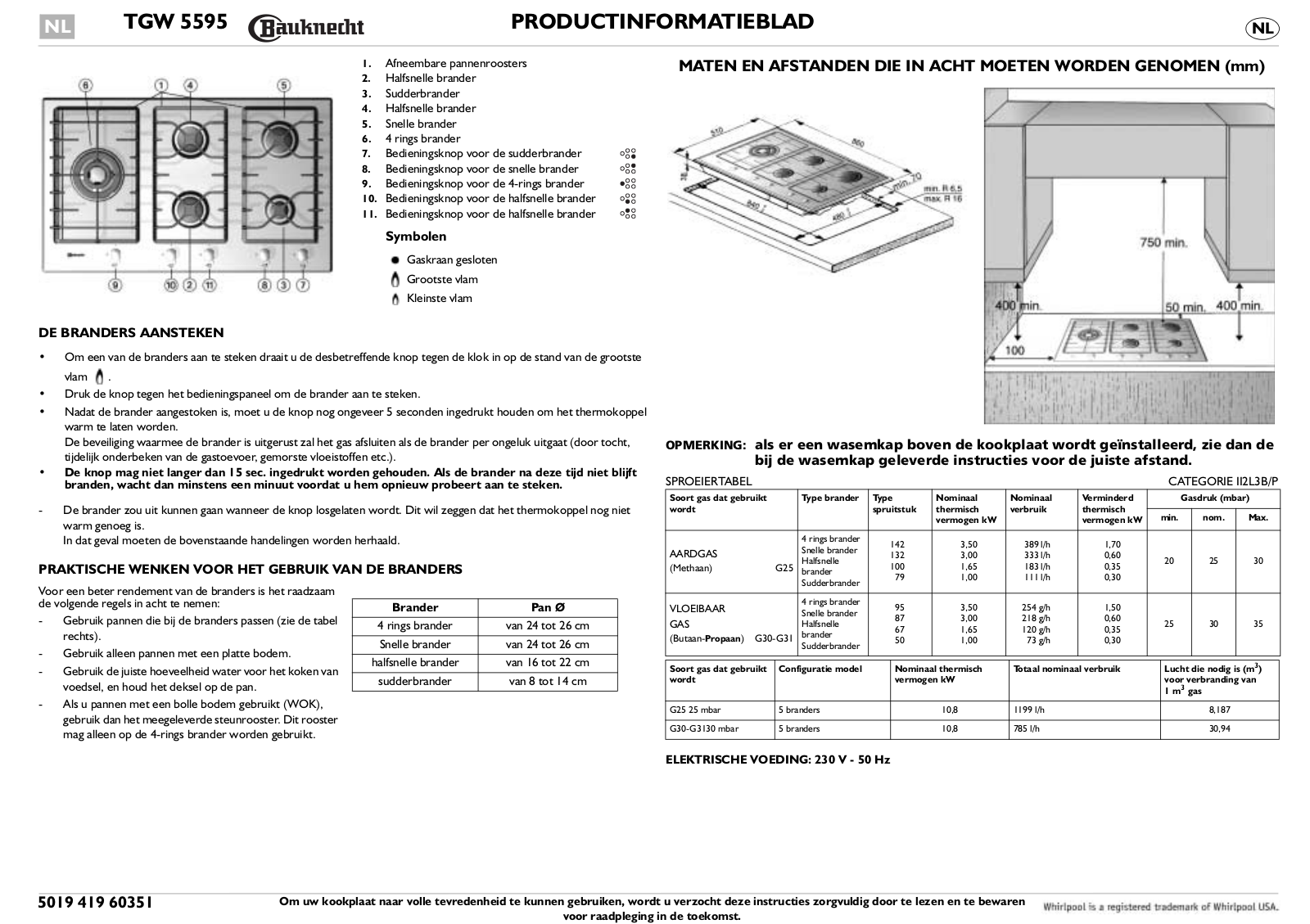 Whirlpool TGW 5595/IN/01, TGW 5595 IXL INSTRUCTION FOR USE