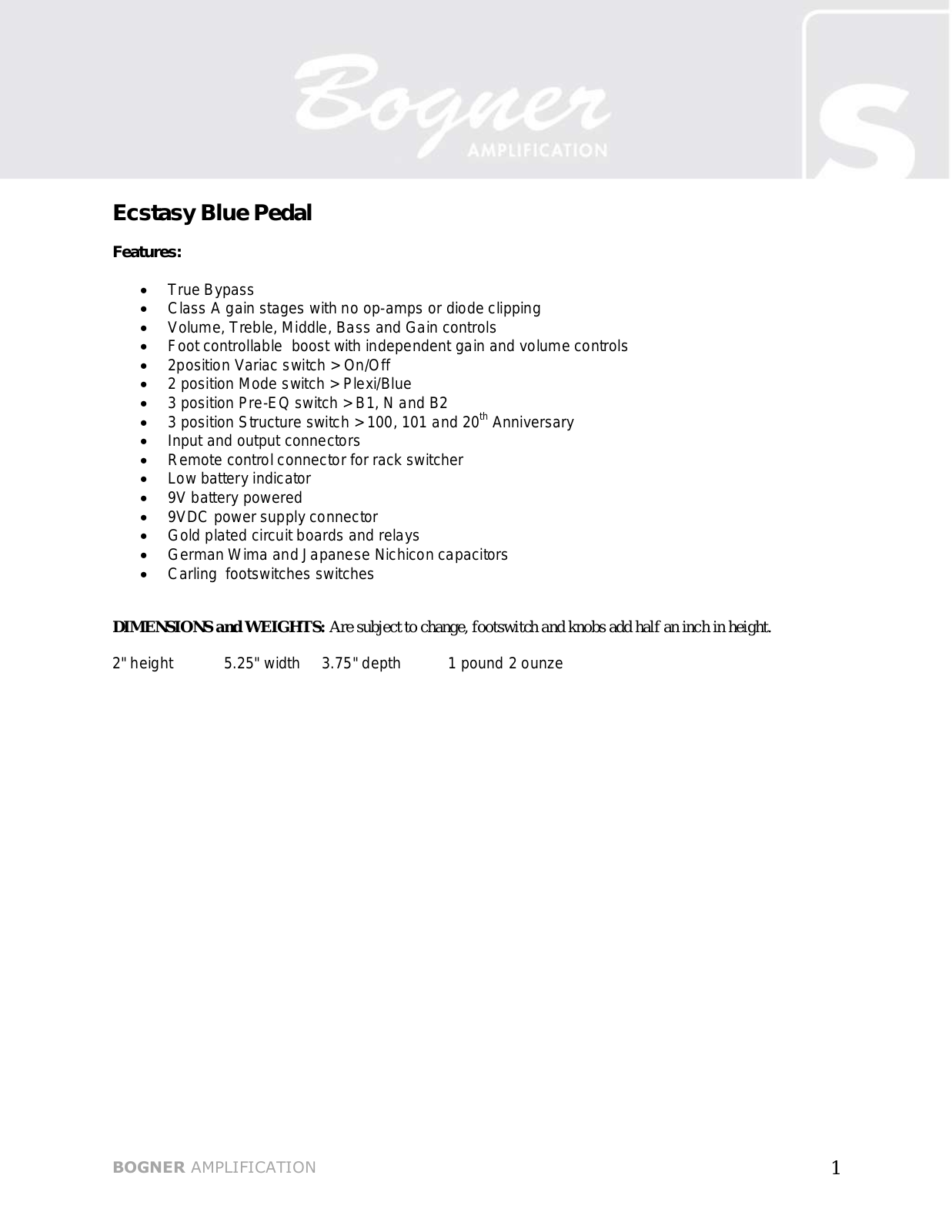 Bogner Ecstasy Blue Data Sheet - ManualMachine.com