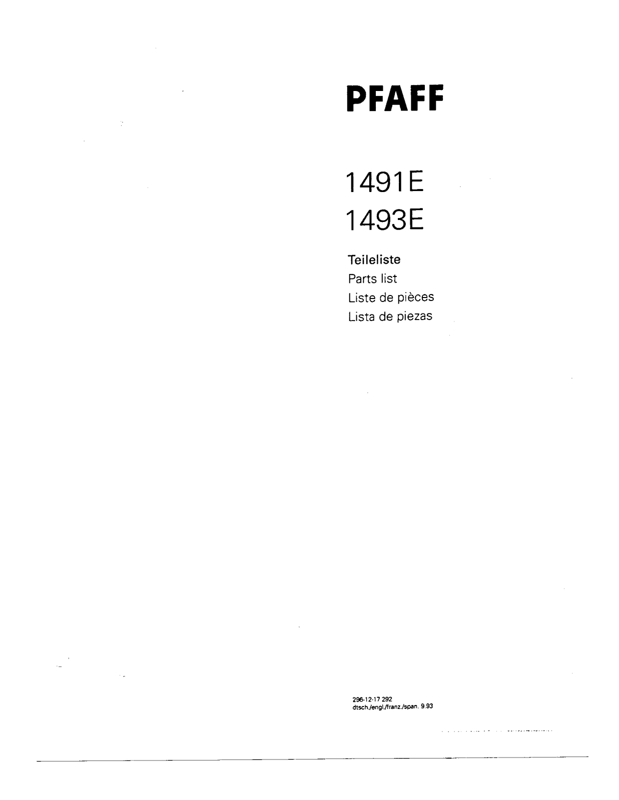 Pfaff 1491 E, 1493 E Parts List