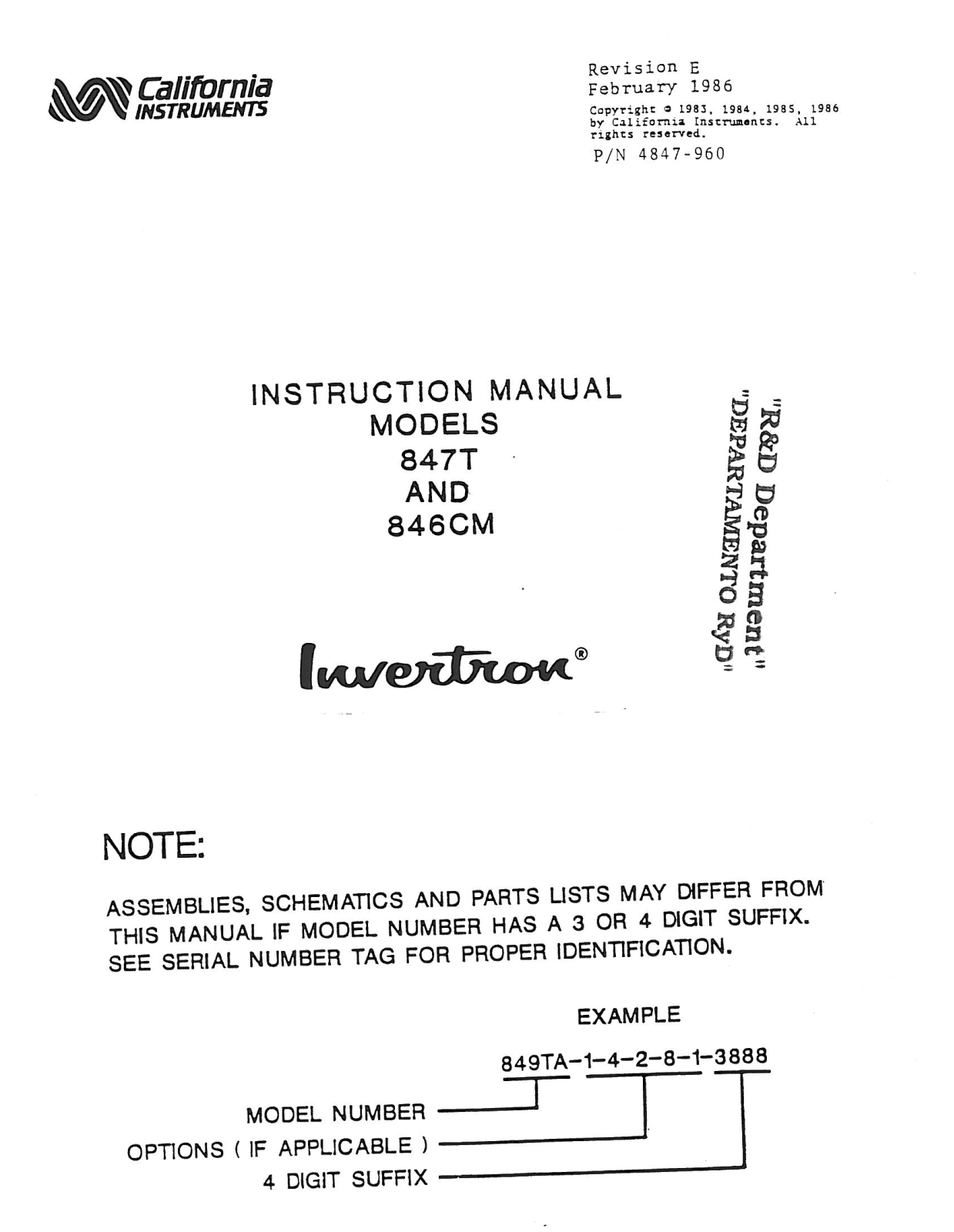 California Instruments 846VM, 847T Service manual