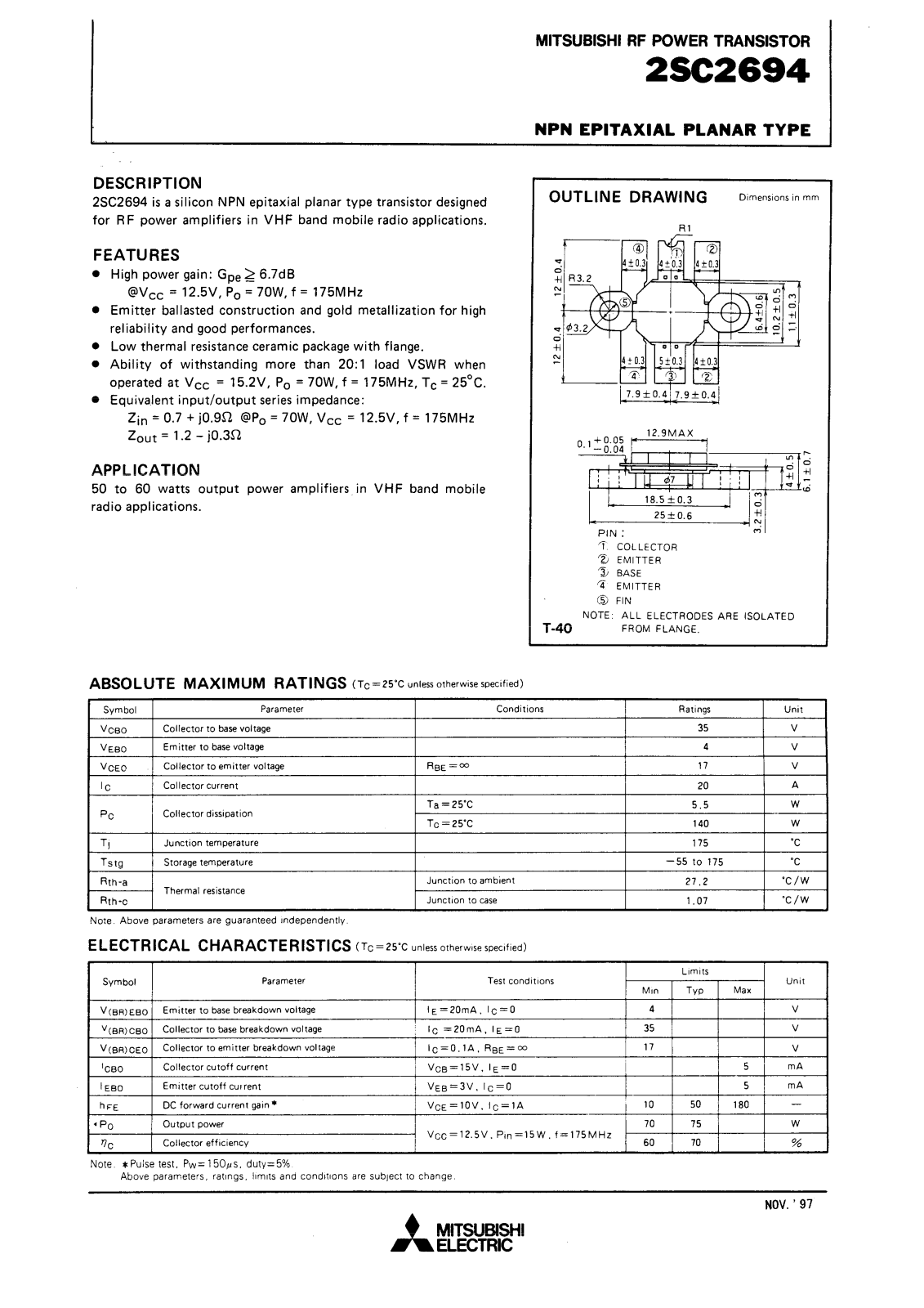 Mitsubishi Electric Corporation Semiconductor Group 2SC2694 Datasheet