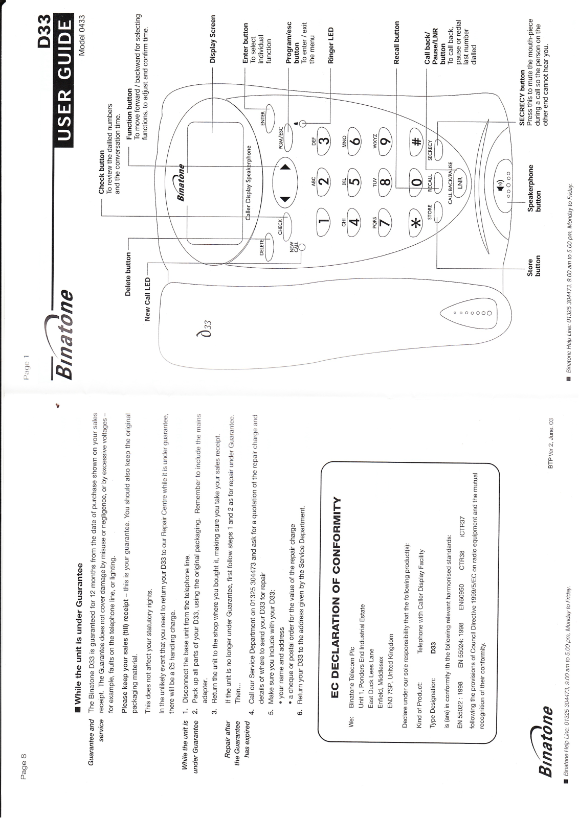 Binatone D33, 0433 User Manual - ManualMachine.com