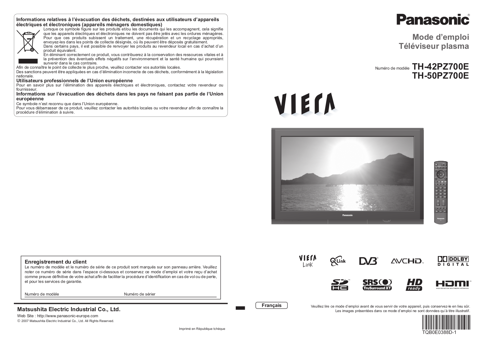 PANASONIC TH-42PZ700 User Manual