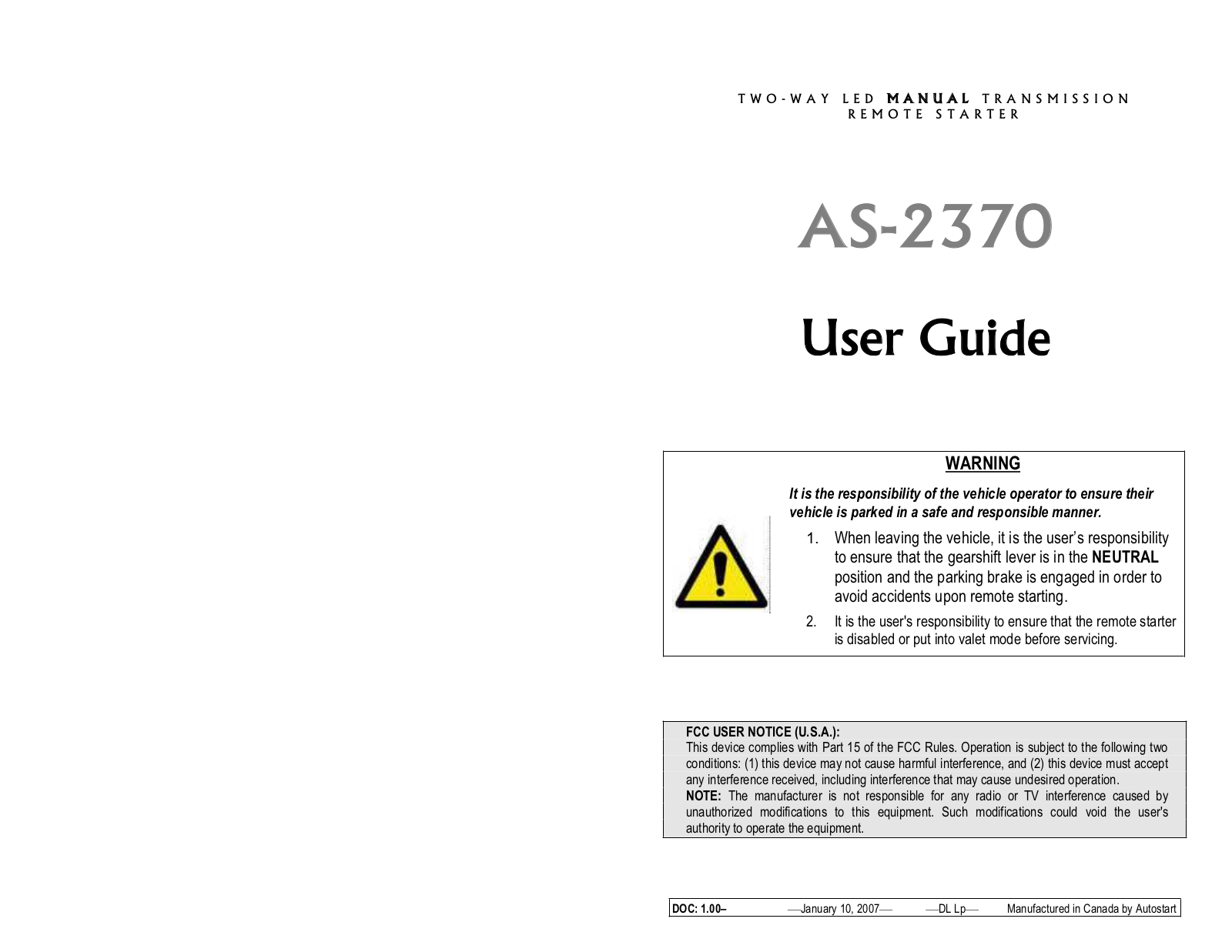 Autostart AS-2370 User Manual