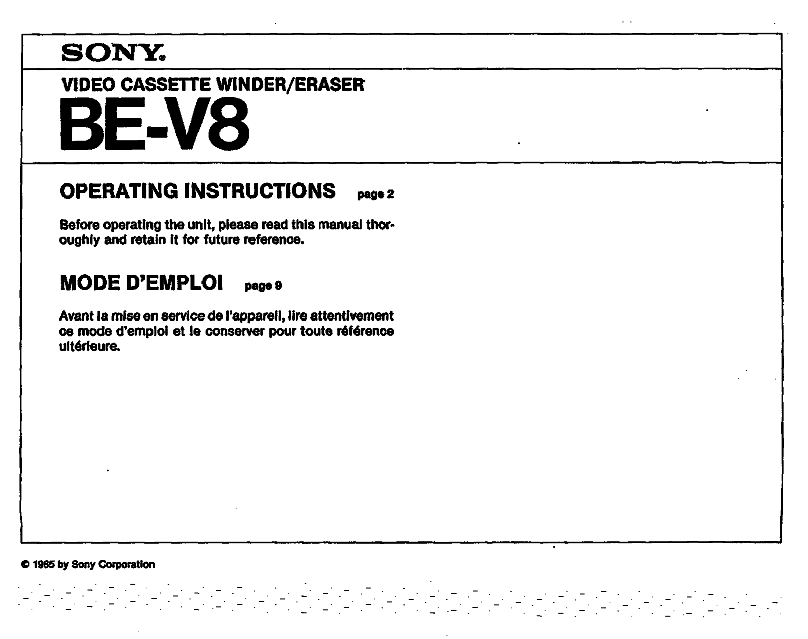 Sony BEV8 User Manual