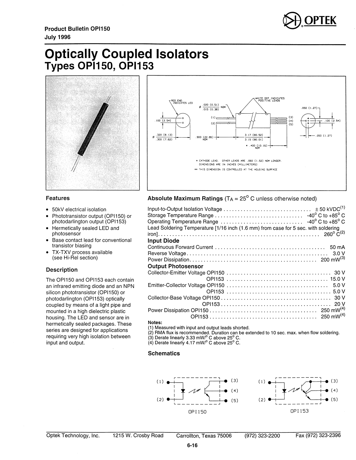 OPTEK OPI150, OPI153 Datasheet