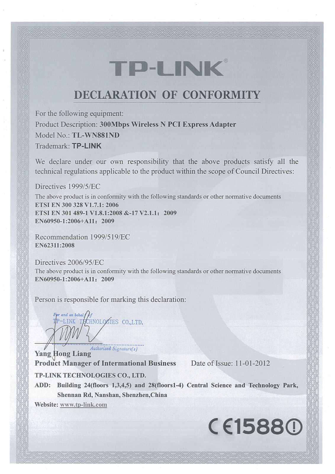 TP-Link TL-WN881ND Declaration of Conformity