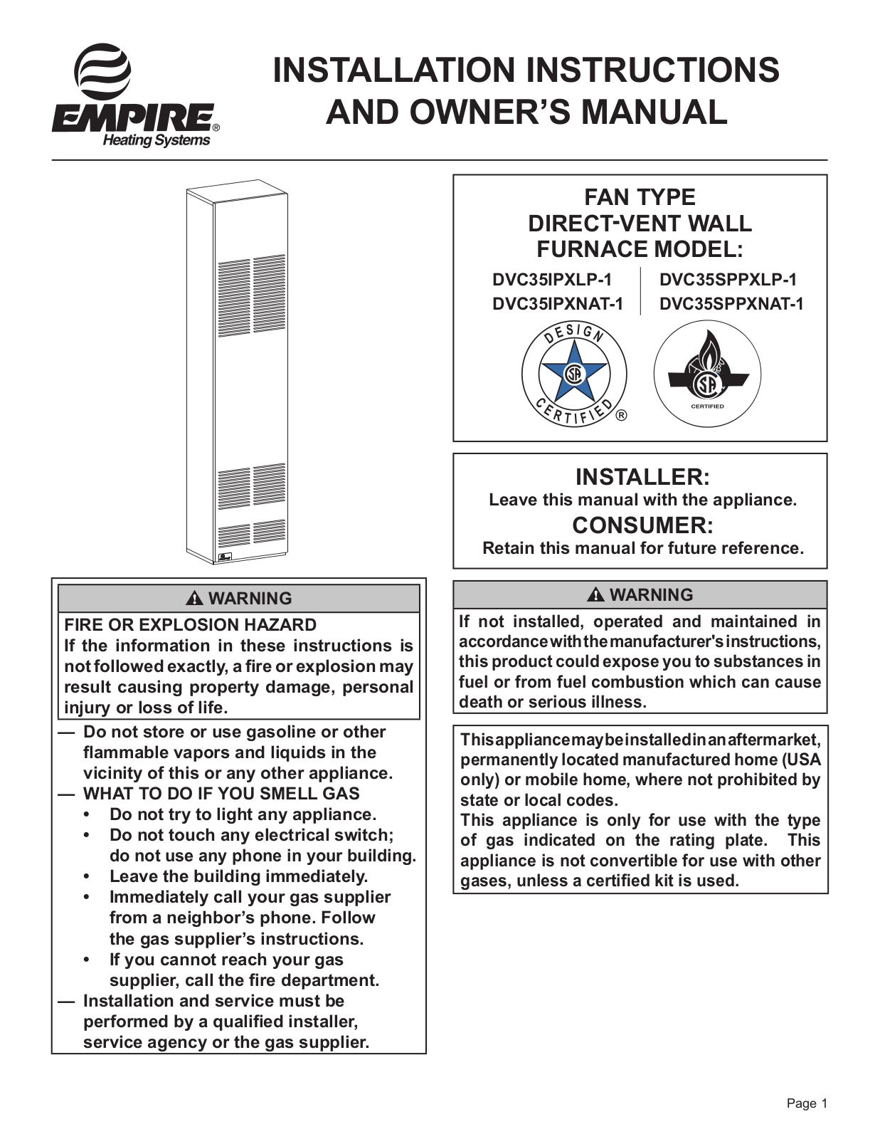 Empire DVC35IPXLP-1, DVC35SPPXLP-1, DVC35IPXNAT-1, DVC35SPPXNAT-1 Instruction Manual