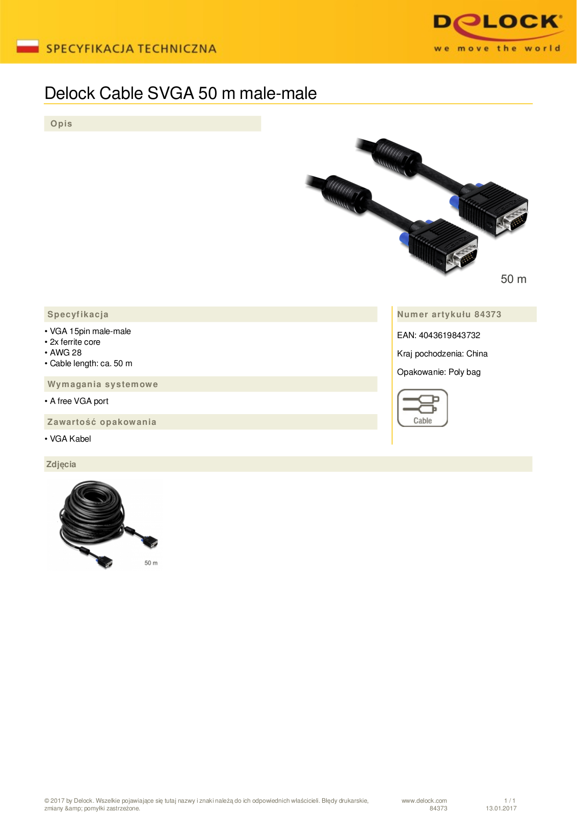 DeLOCK SVGA plug-plug cable 50m User Manual