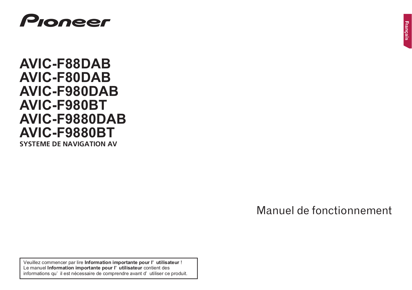 PIONEER AVIC F80 DAB Manuel de fonctionnement