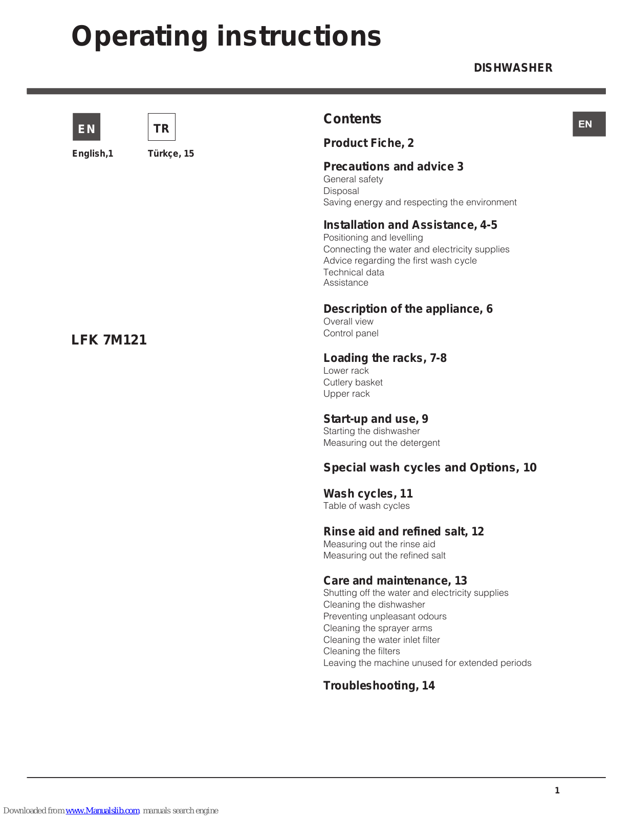 Hotpoint LFK 7M121 Operating Instructions Manual