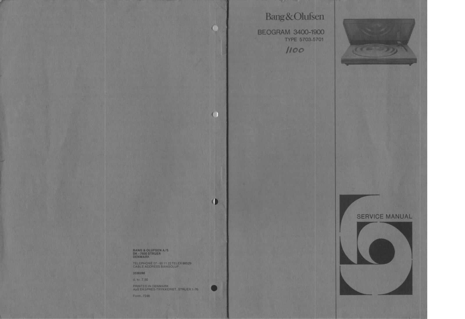 Bang and Olufsen Beogram 1100, Beogram 1900, Beogram 3400 Service manual