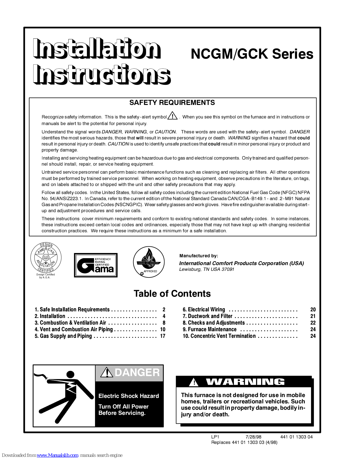 International comfort products NCGM Series, NGCK Series Installation Instructions Manual