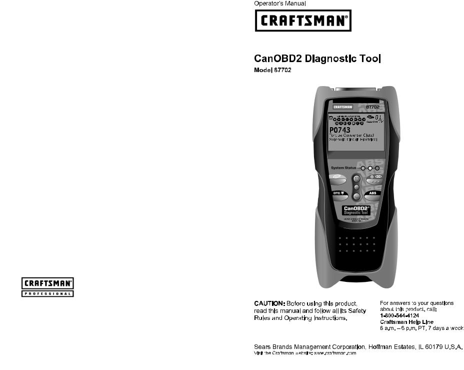 Craftsman CanOBD Diagnostic Tool 87702 Owner's Manual
