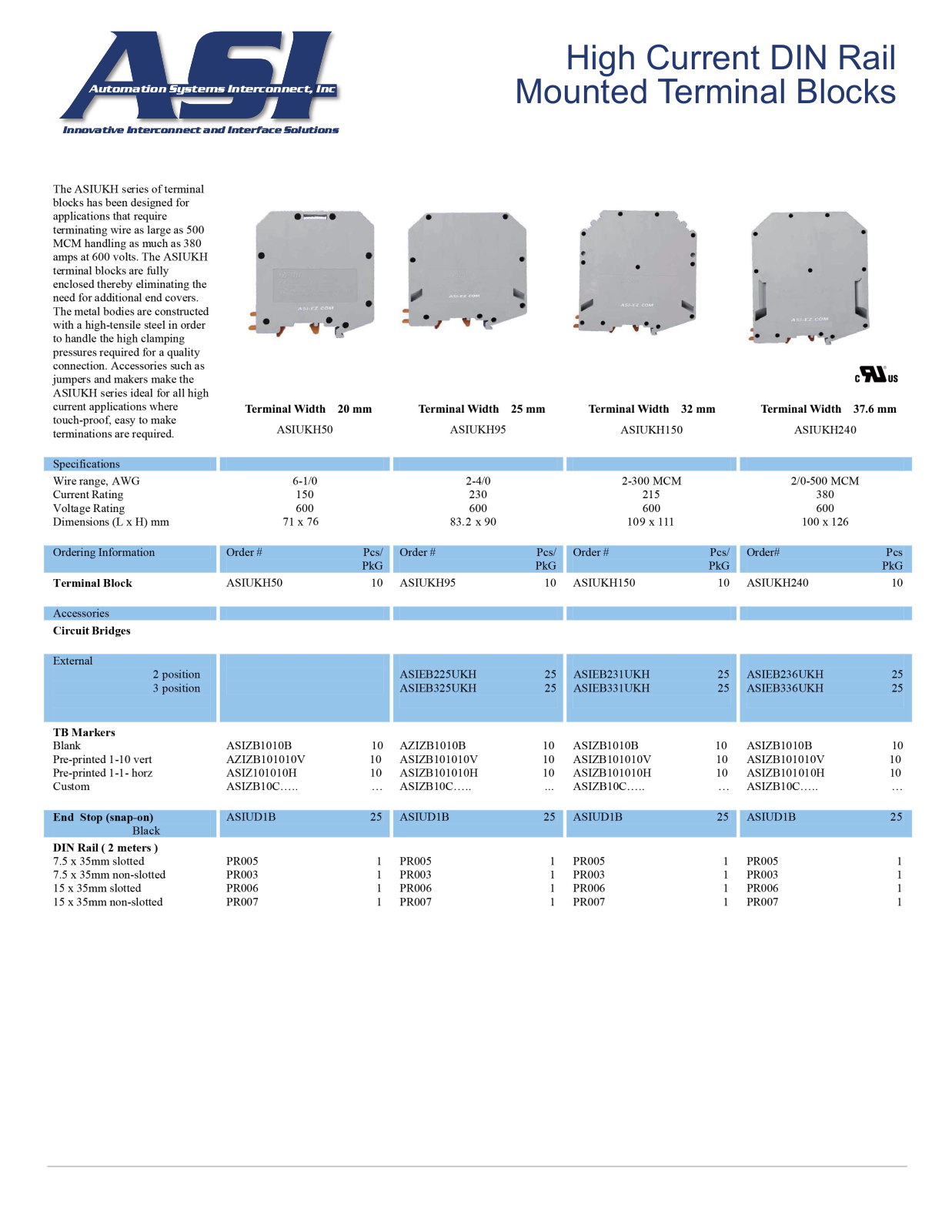 ASI-Automation Systems Interconnect ASIUKH50, ASIUKH95, ASIUKH150, ASIUKH240 Data Sheet