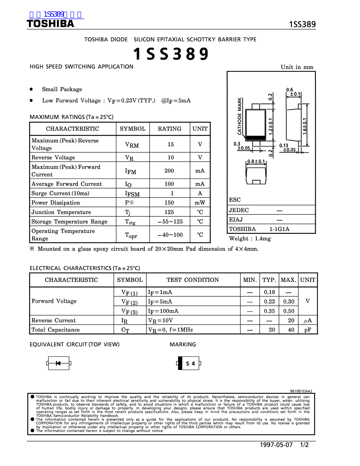 TOSHIBA 1SS389 Technical data