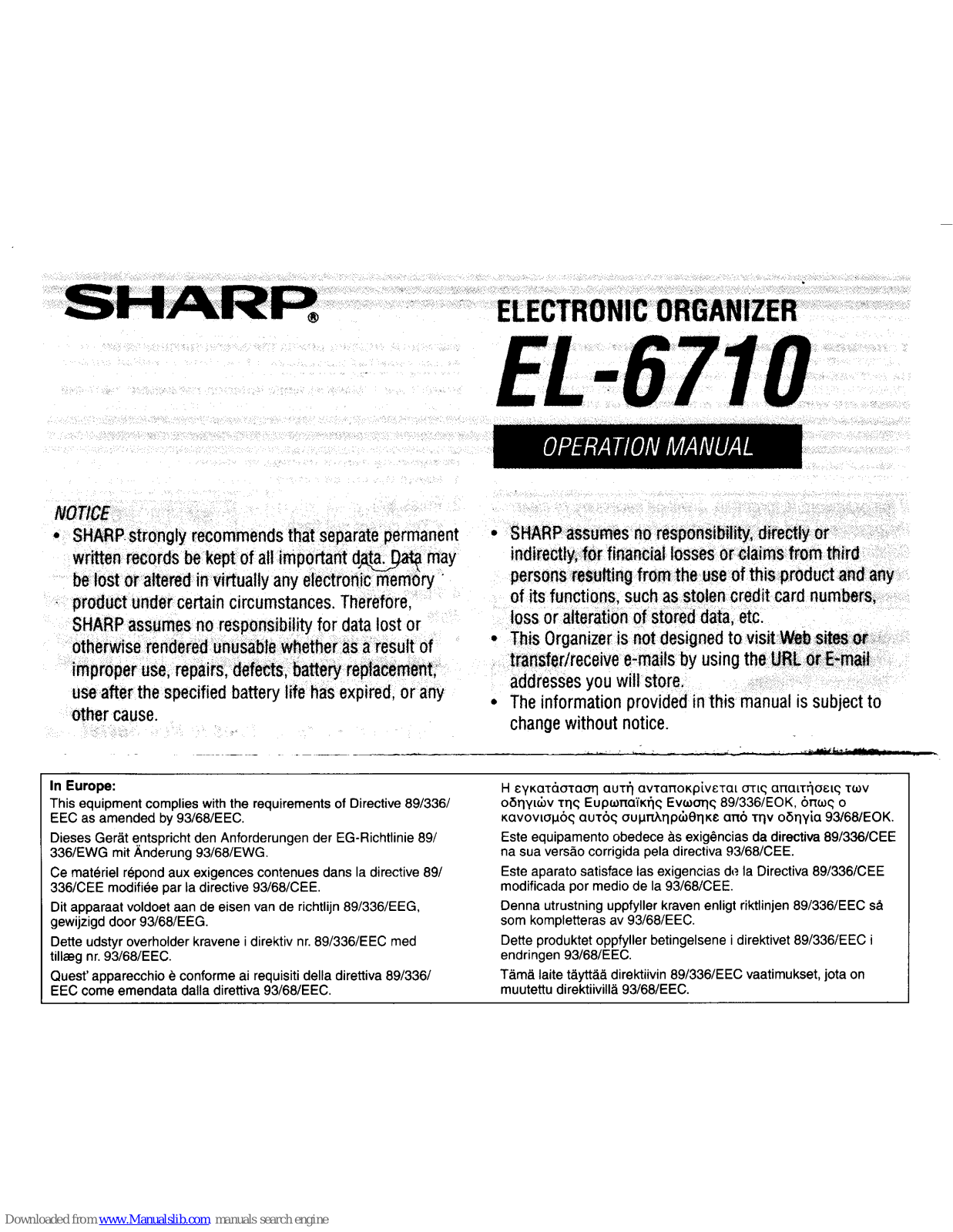 Sharp EL-6710SB - Memo Master Organizer Operation Manual