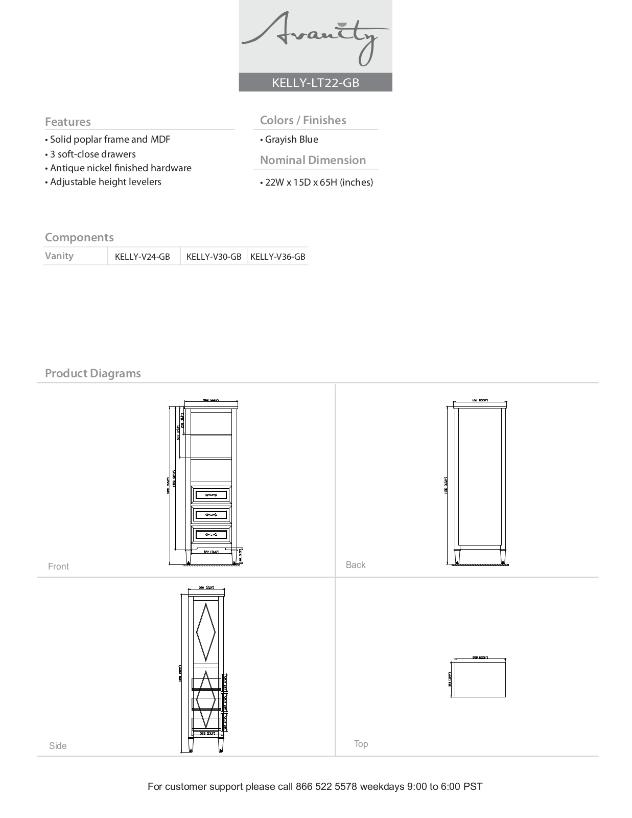 Avanity KELLYLT22GB Specifications