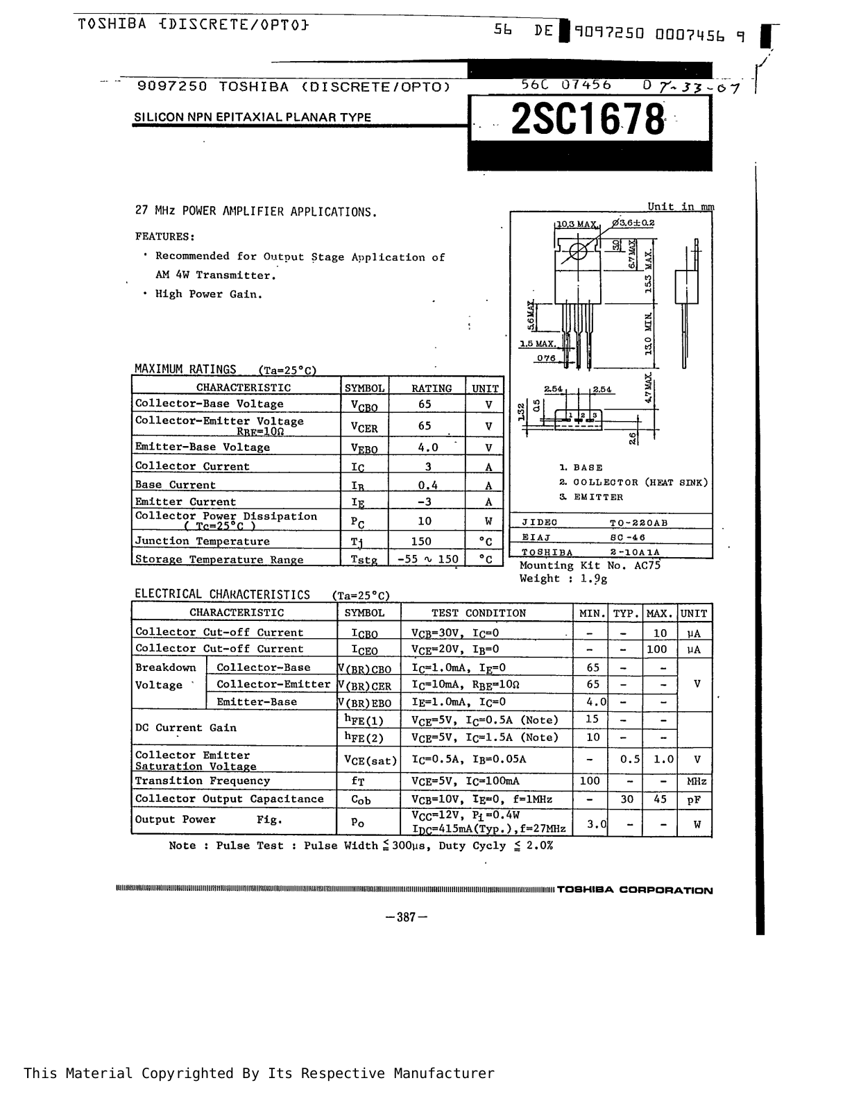 Datasheets 2SC1678 Datasheet - ManualMachine.com