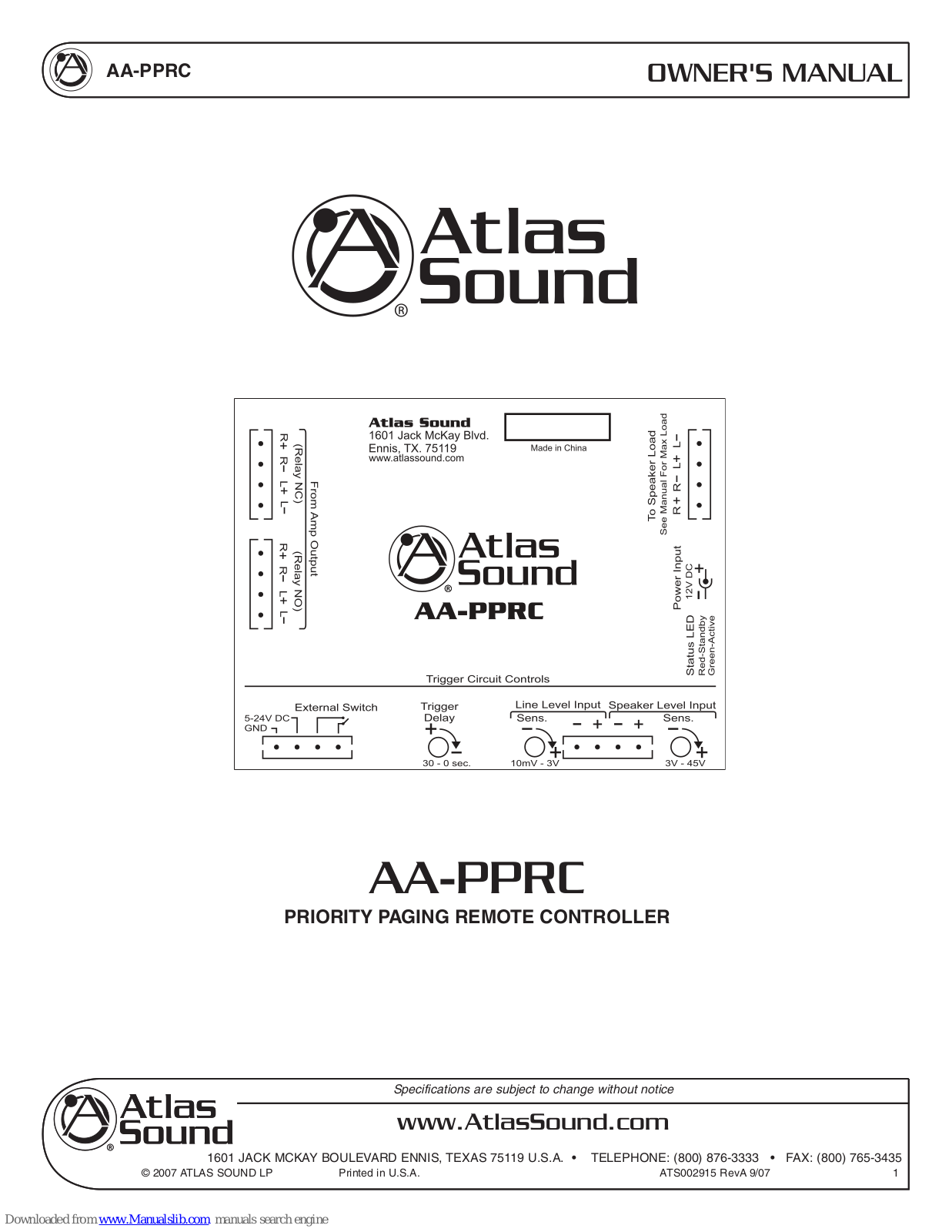 Atlas AA-PPRC Owner's Manual