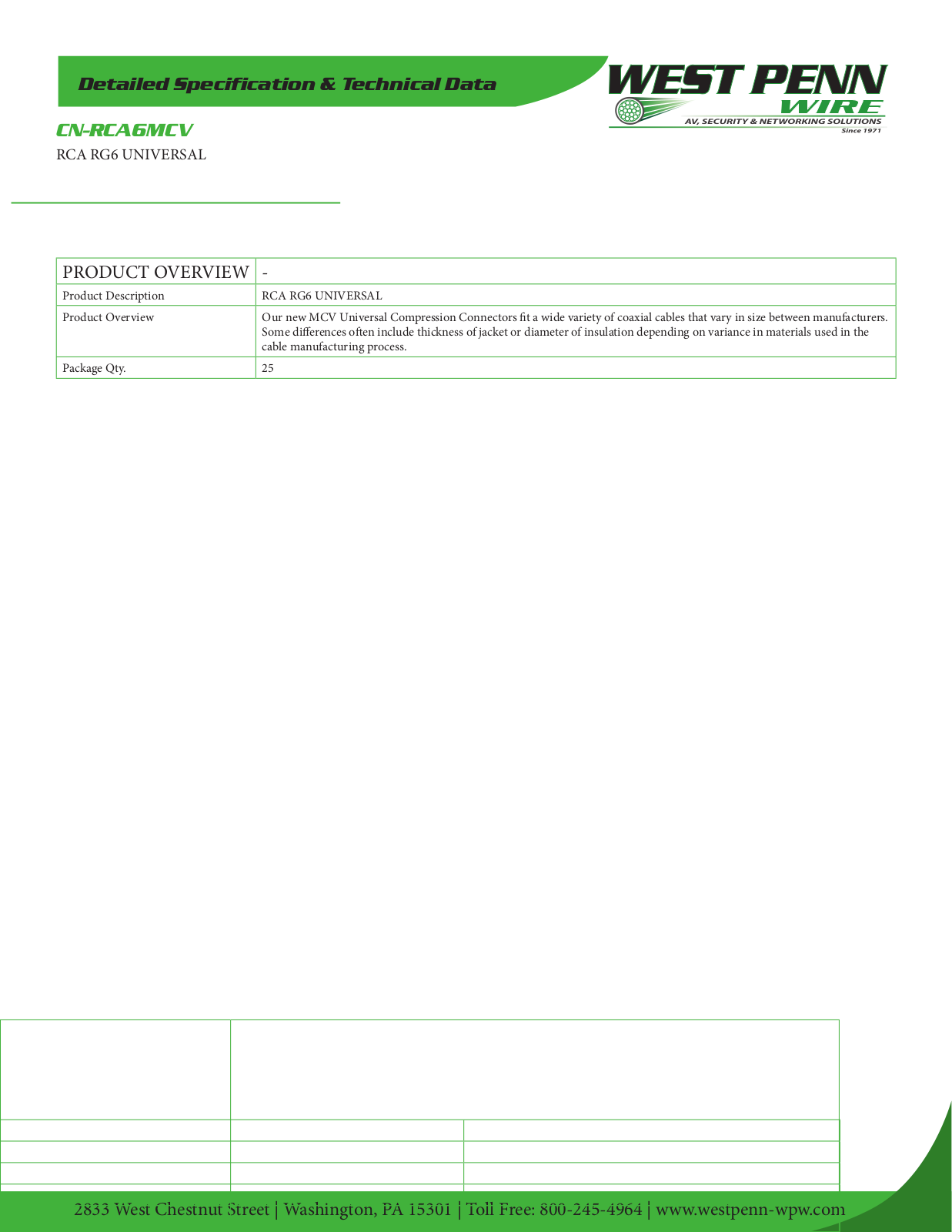 West Penn CN-RCA6MCV-25, CN-RCA6MCV-IND Specsheet