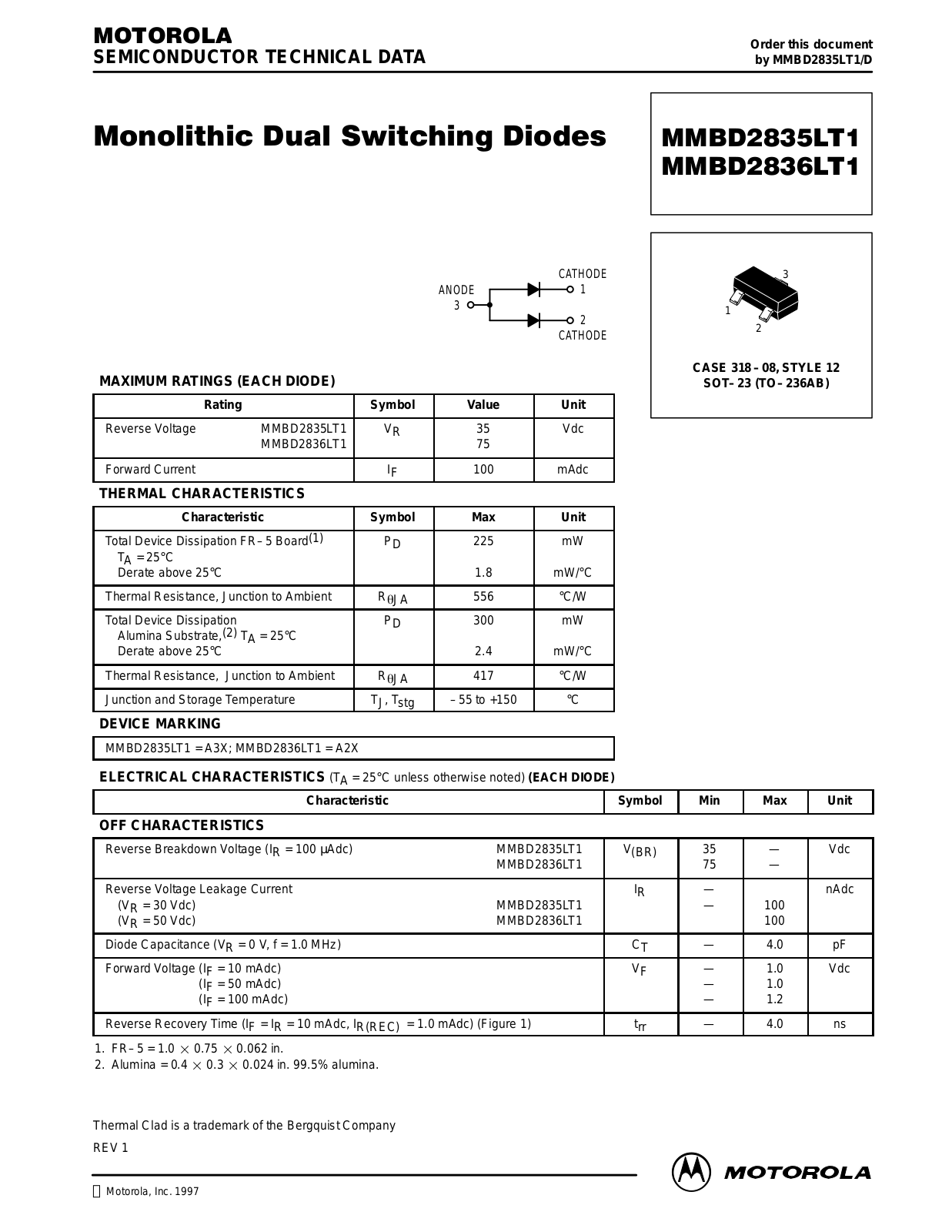 Motorola MMBD2836LT1, MMBD2835LT1 Datasheet