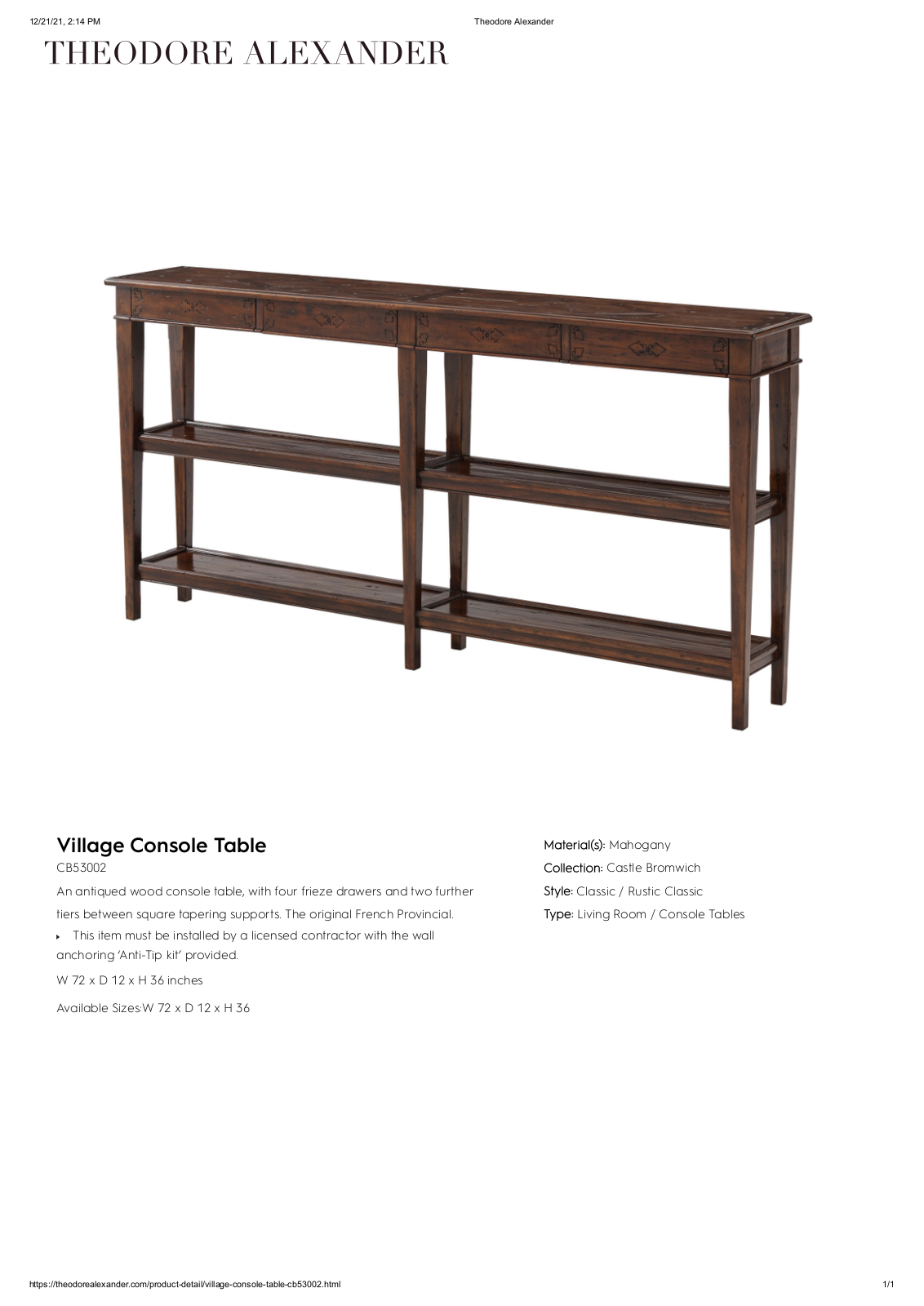 Theodore Alexander FPLJ1195 Specifications - ManualMachine.com
