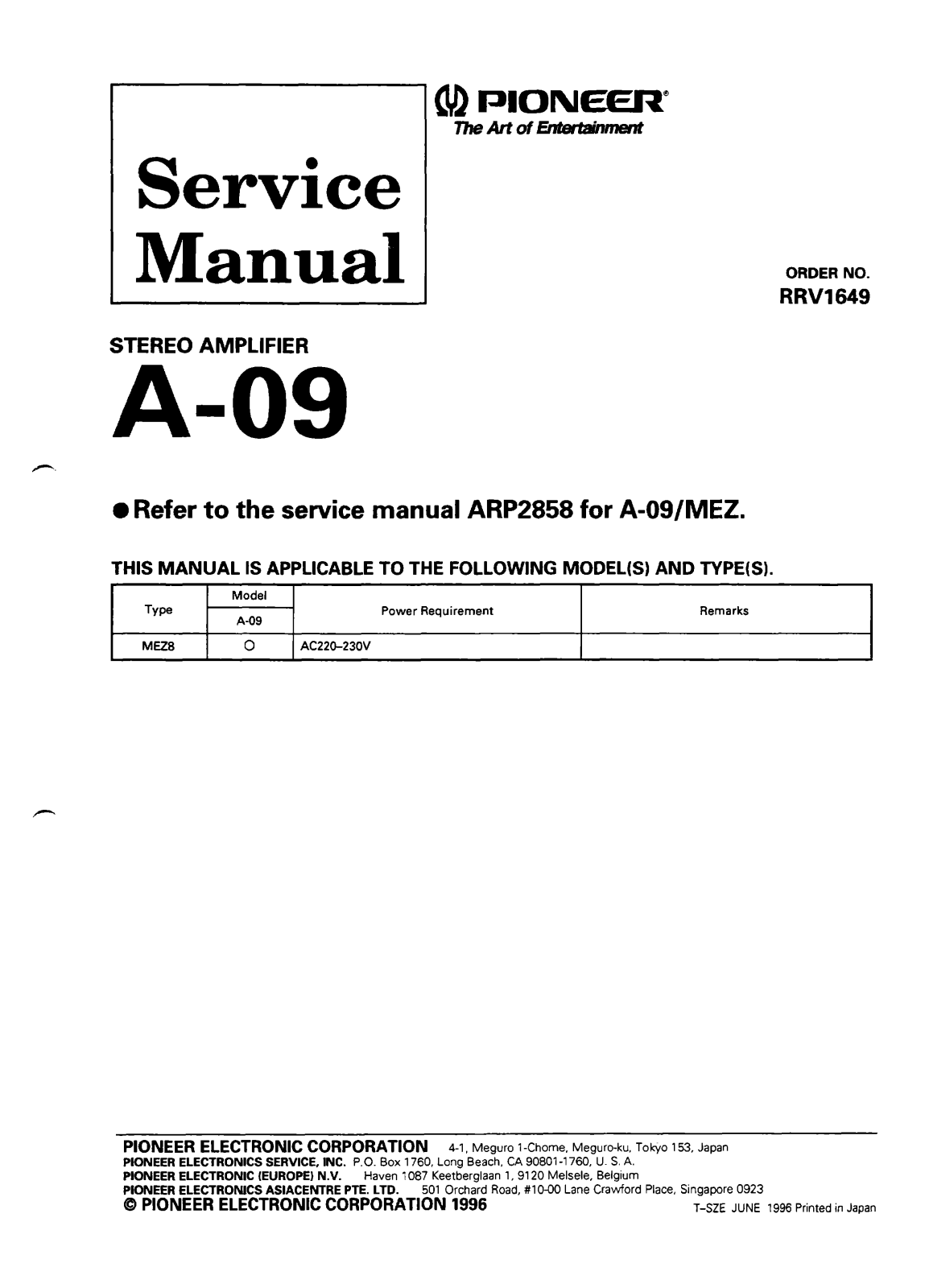 Pioneer A-09 Service Manual